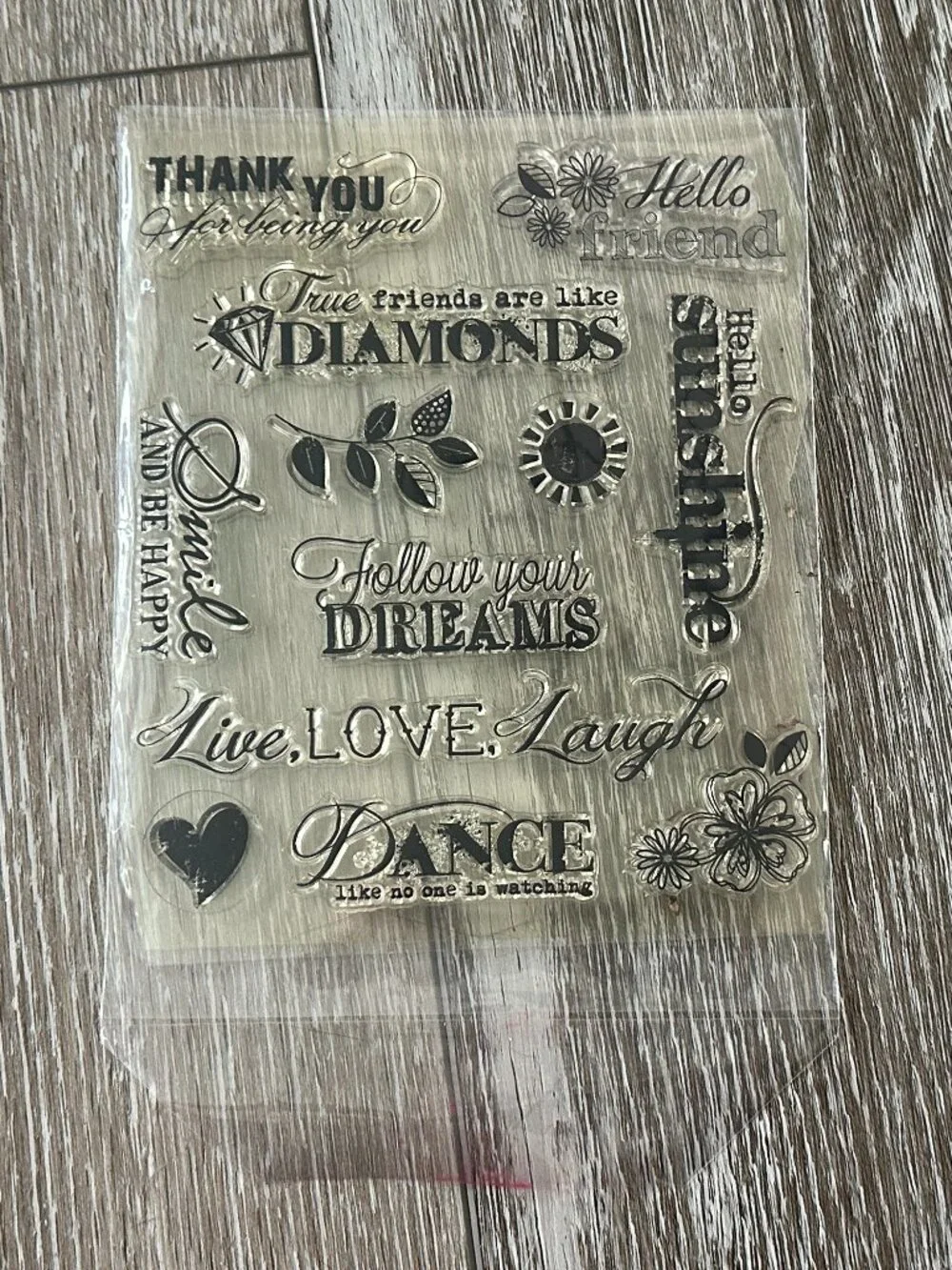 Fun Clear Stamps Feel Good Sentiments Smile & Be Happy, Hello Sunshine etc